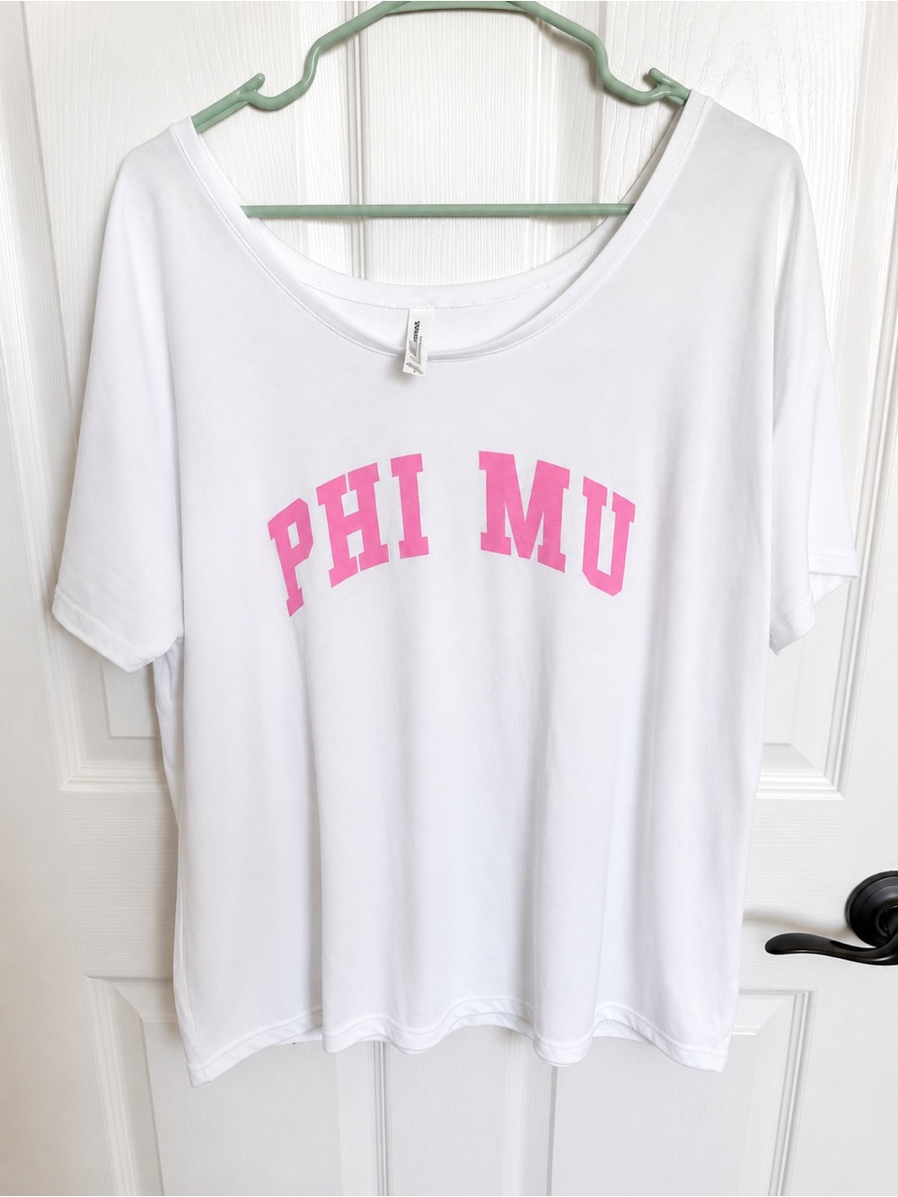 Bella Canvas Flowy Collection White Tee with Pink PHI MU Lettering L